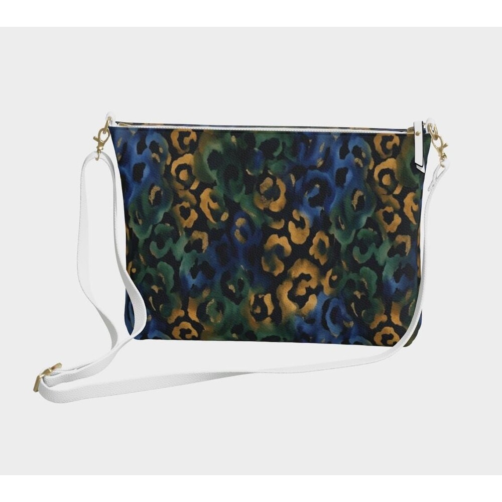 Abstract Watercolor Leopard Print Crossbody Bag, Blue & Gold Animal Print